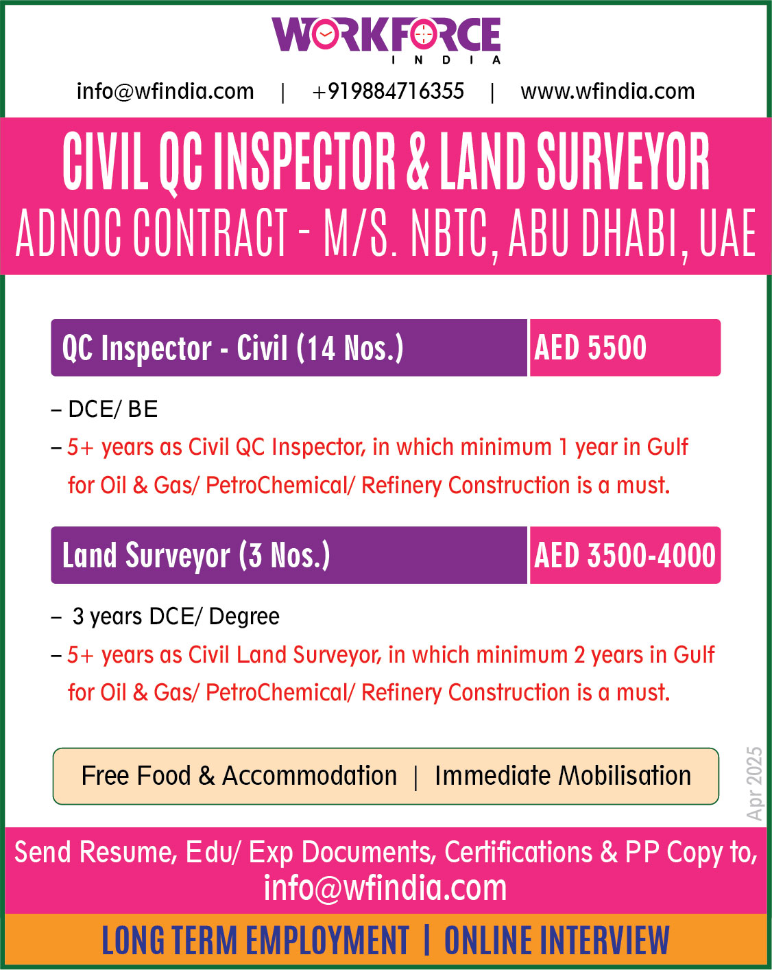 QC Civil Inspector & Land Surveyor – ADNOC Contract – M/S. NBTC, Abu Dhabi, UAE