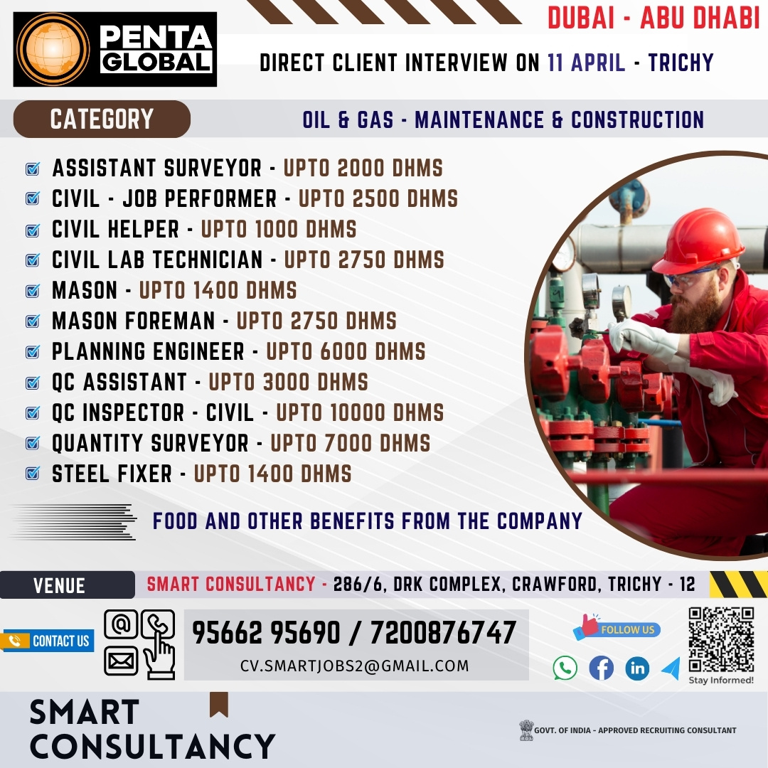 WANTED FOR A LEADING OIL & GAS COMPANY – UAE – DUBAI / DIRECT CLIENT INTERVIEW ON 11 APRIL – TRICHY
