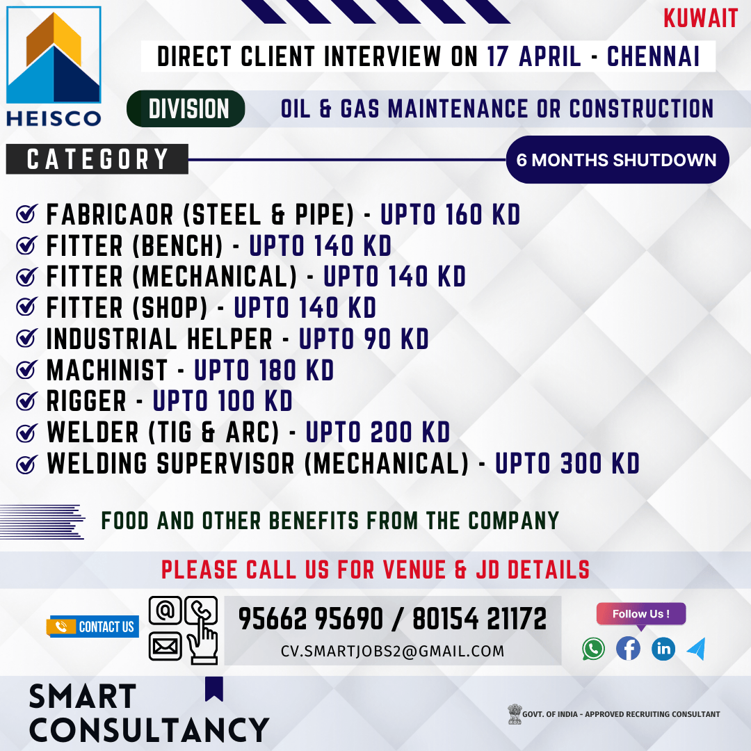 WANTED FOR A LEADING OIL & GAS COMPANY – UAE – DUBAI / DIRECT CLIENT INTERVIEW ON 17 APRIL – CHENNAI