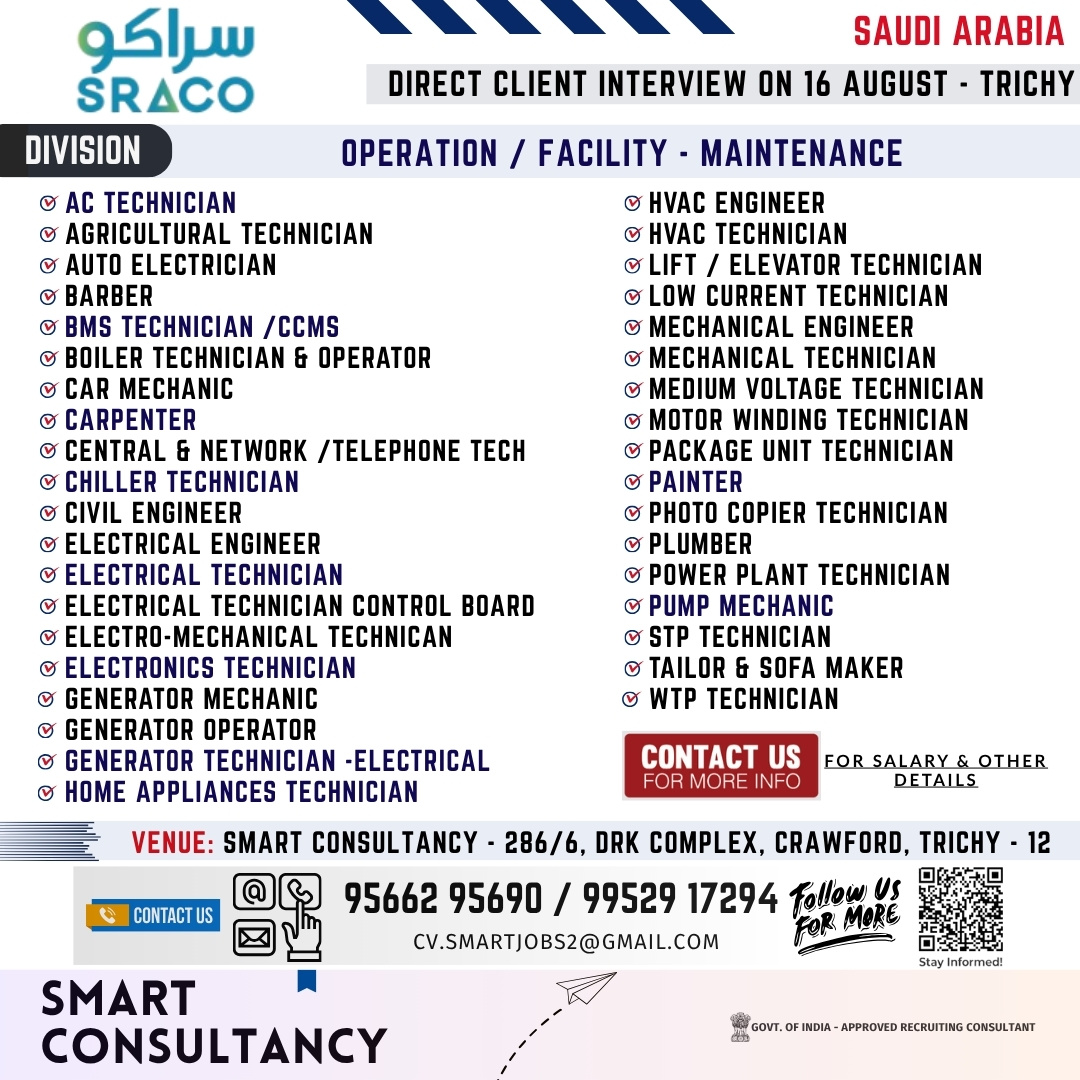 WANTED FOR A LEADING FACILITY / OPERATION MAINTENANCE COMPANY – SAUDI | DIRECT CLIENT INTERVIEW ON 16 AUGUST – TRICHY
