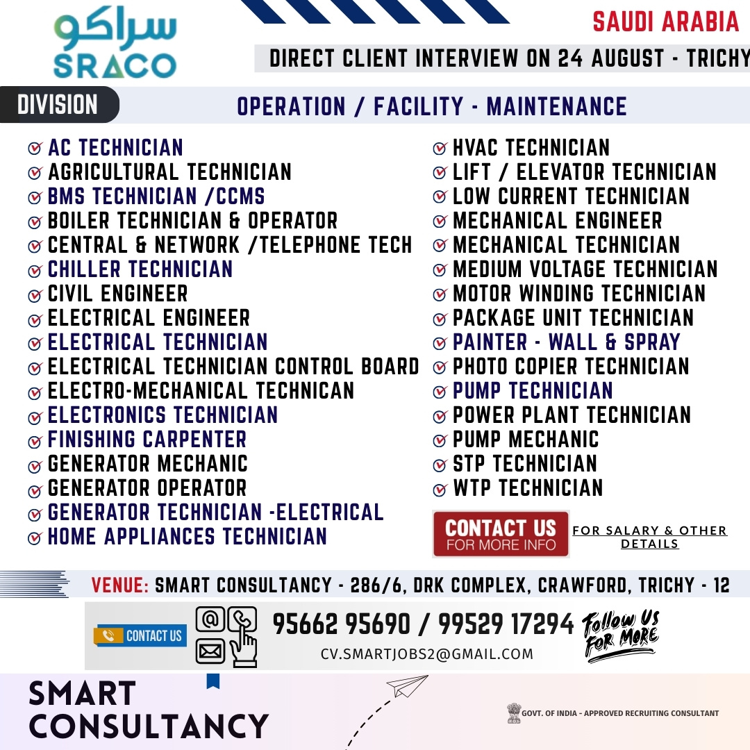 WANTED FOR A LEADING FACILITY / OPERATION MAINTENANCE COMPANY – SAUDI | DIRECT CLIENT INTERVIEW ON 16 AUGUST – TRICHY