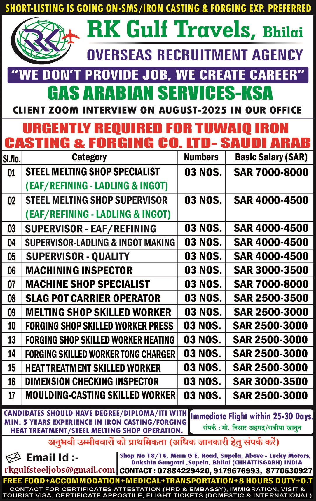 HIRING FOR GAS ARABIAN SERVICES FOR TUWAIQ CASTING CO. – SAUDI ARABIA.