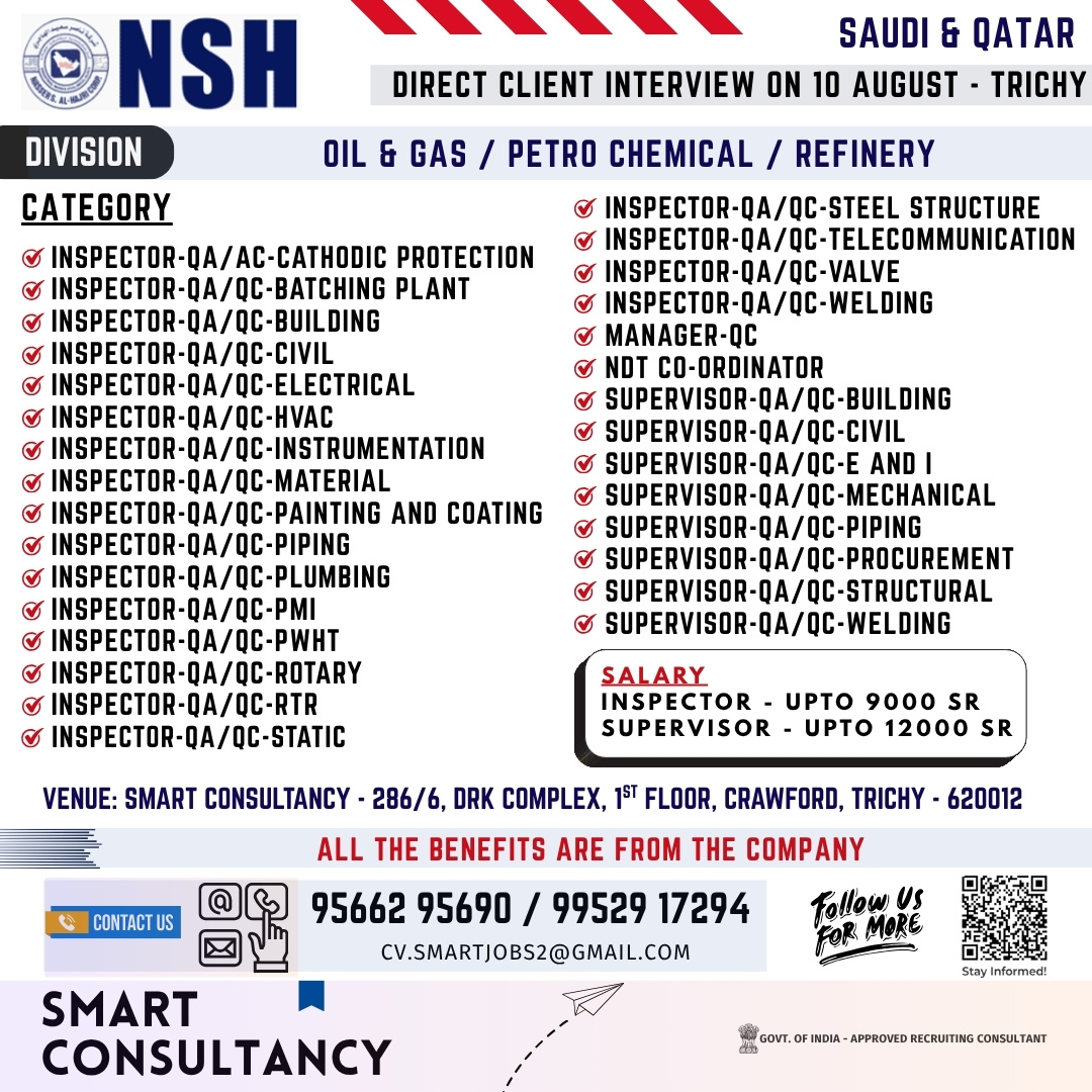 WANTED FOR A LEADING OIL & GAS / PETRO CHEMICAL / REFINERY COMPANY – SAUDI & QATAR | DIRECT CLIENT INTERVIEW ON 10 AUGUST – TRICHY