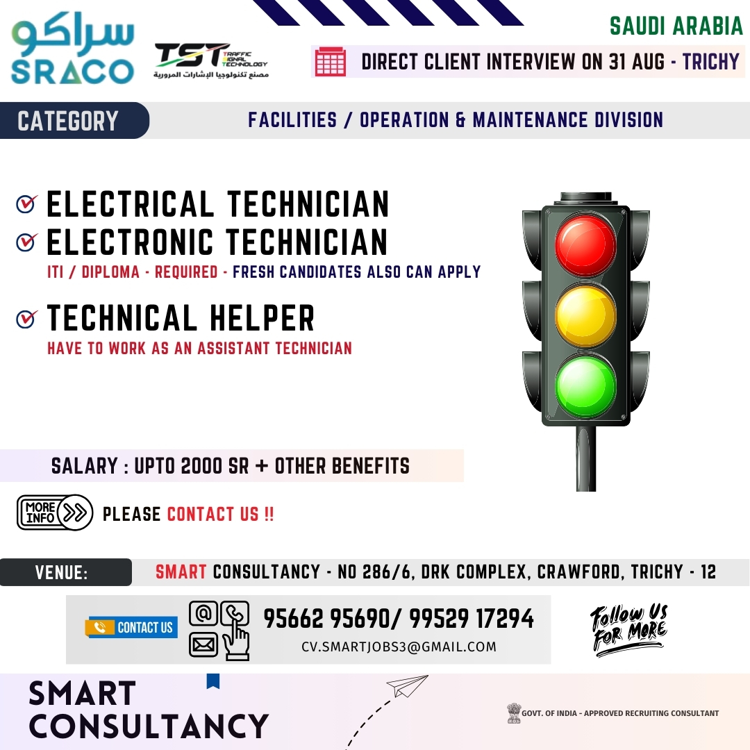 WANTED FOR A LEADING FACILITY / OPERATION MAINTENANCE COMPANY – SAUDI | DIRECT CLIENT INTERVIEW ON 31 AUGUST – TRICHY