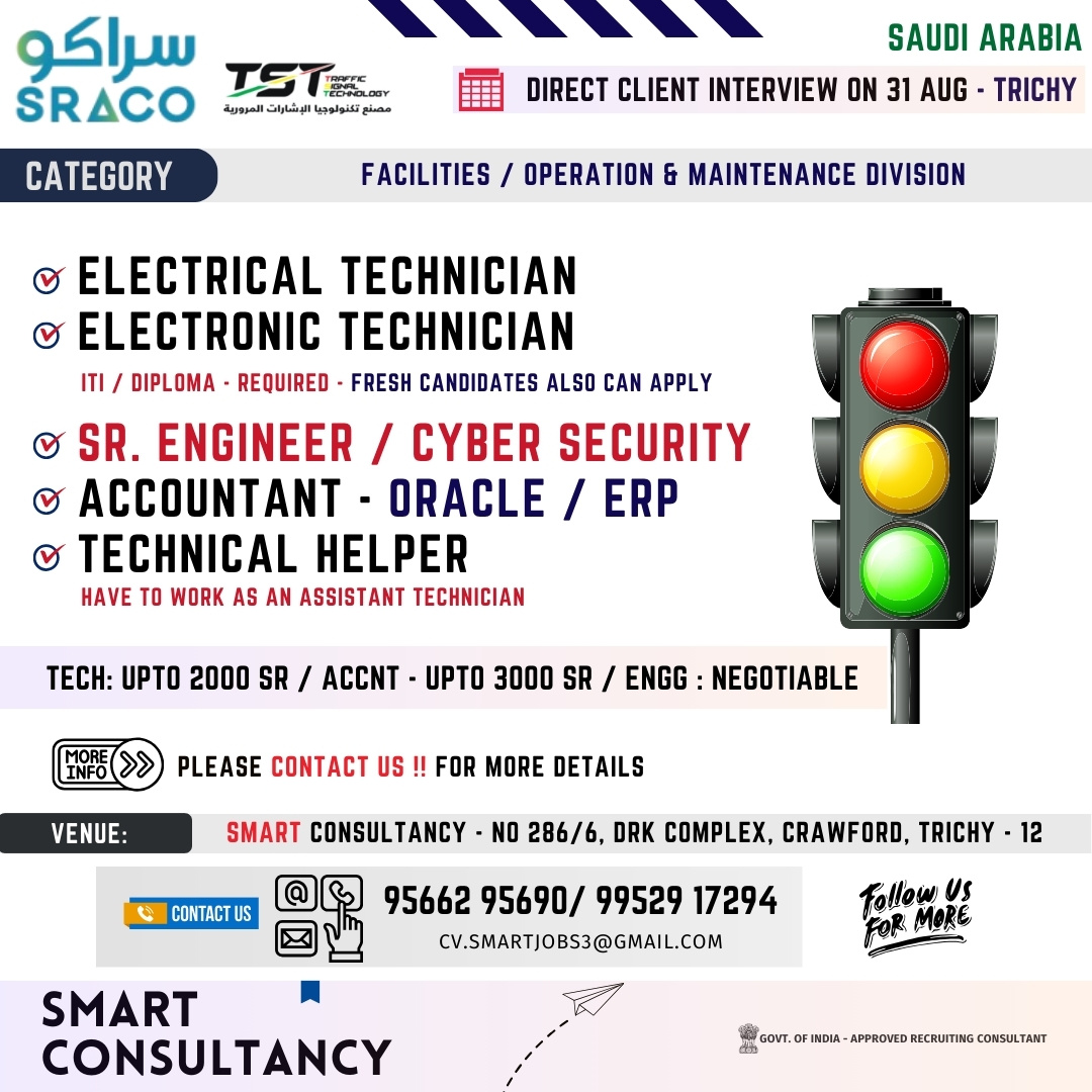 WANTED FOR A LEADING FACILITY / OPERATION MAINTENANCE COMPANY – SAUDI | DIRECT CLIENT INTERVIEW ON 31 AUGUST – TRICHY