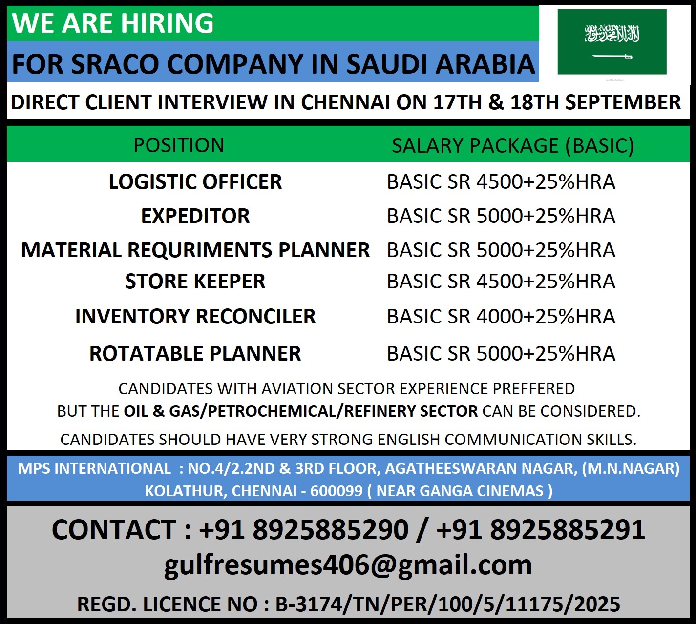 URGENT REQUIREMENT FOR SAUDI ARABIA CLIENT INTERVIEW IN CHENNAI ON 17.09.2025 & 18.09.2025