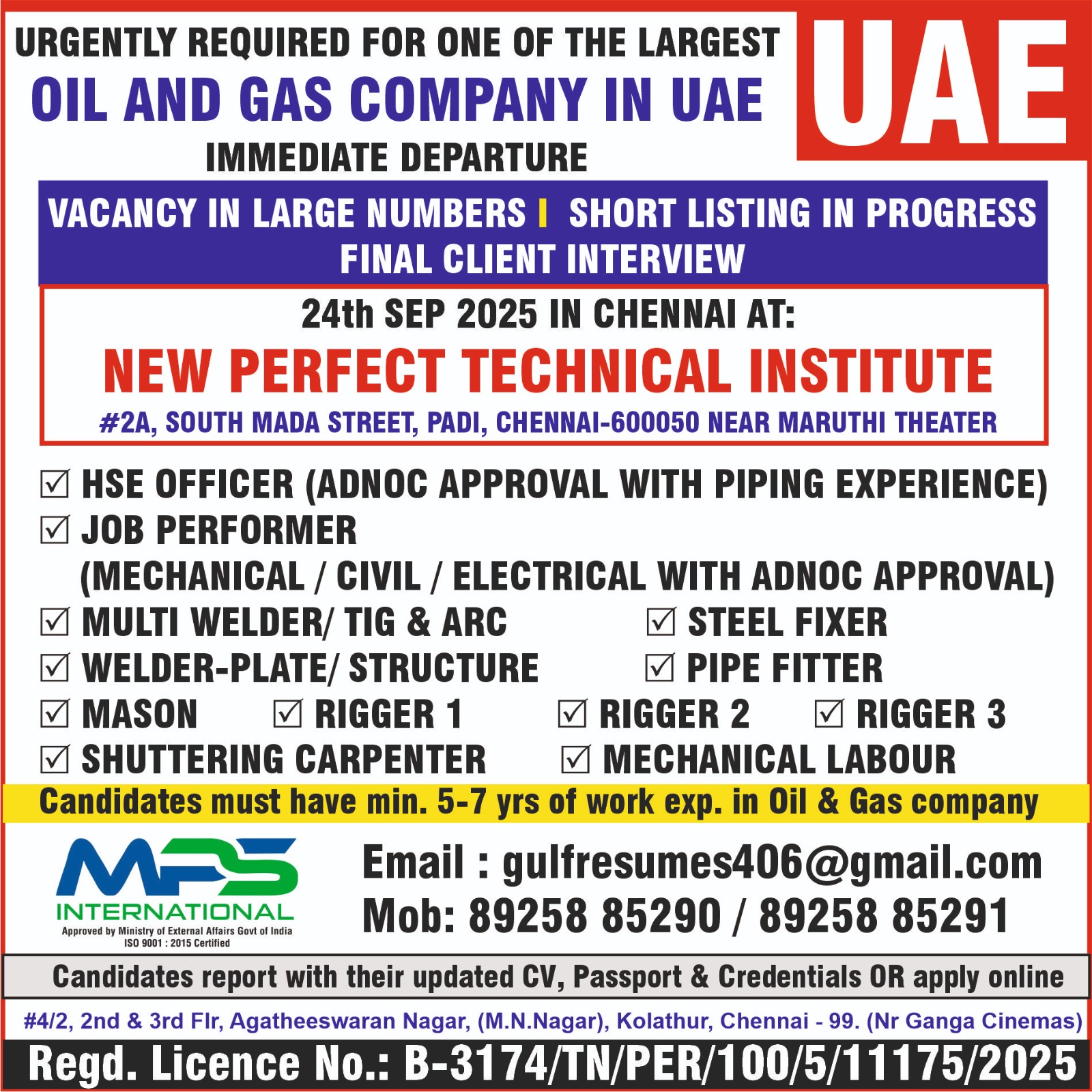 URGENTLY REQUIRED FOR ONE OF THE LARGEST OIL AND GAS COMPANY IN UAE FINAL CLIENT INTERVIEW IN CHENNAI ON 24.09.2025