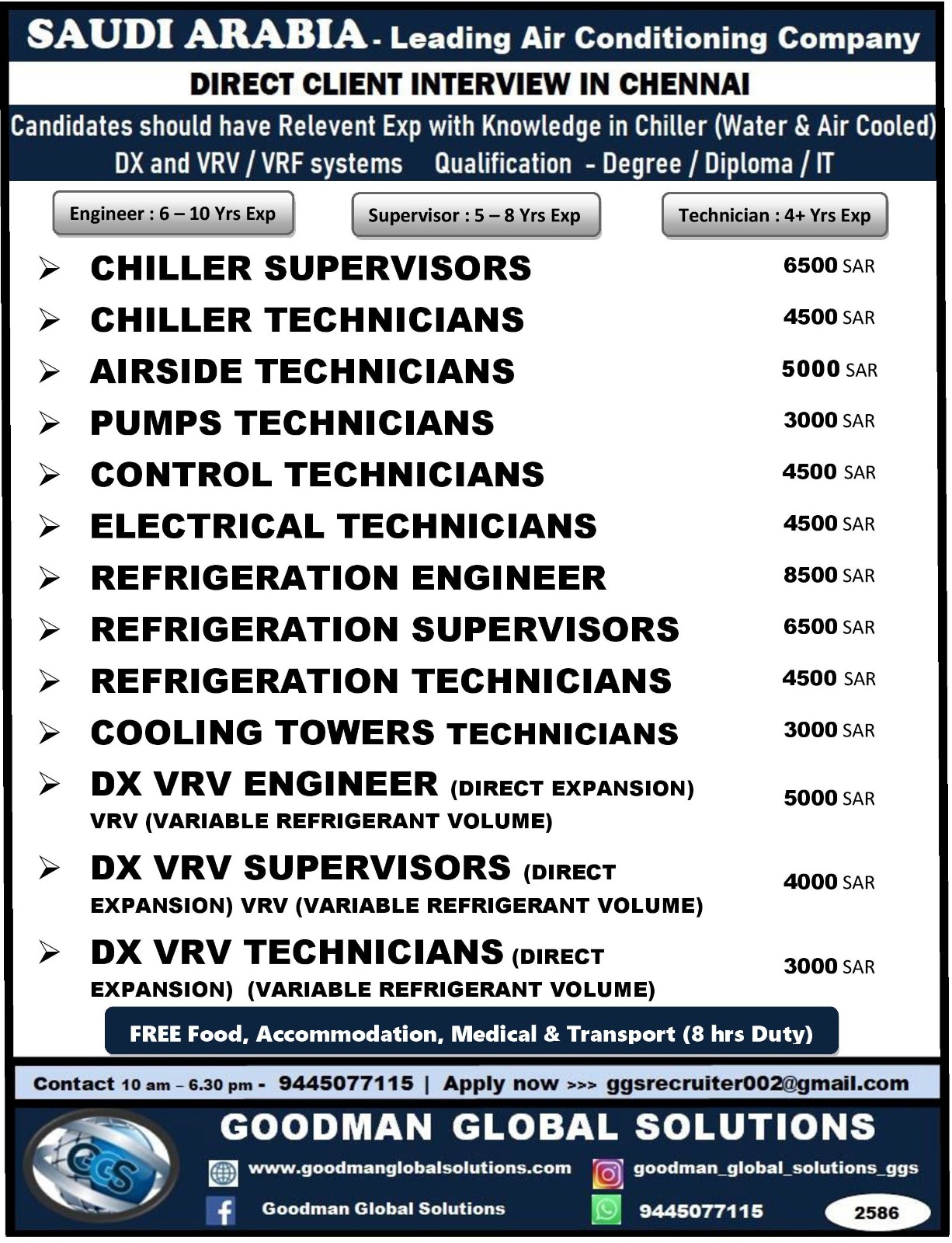 SAUDI ARABIA – LEADING AIR CONDITIONING COMPANY  DIRECT  CLIENT INTERVIEW  IN CHENNAI  CANDIDATES SHOULD HAVE RELEVANT EXPERIENCE WITH KNOWLEDGE IN CHILLER(WATER & AIR COOLED)   DX AND VRV/VRF SYSTEMS  MINIMUM QUALIFICATION ITI / DIPLOMA / DEGREE