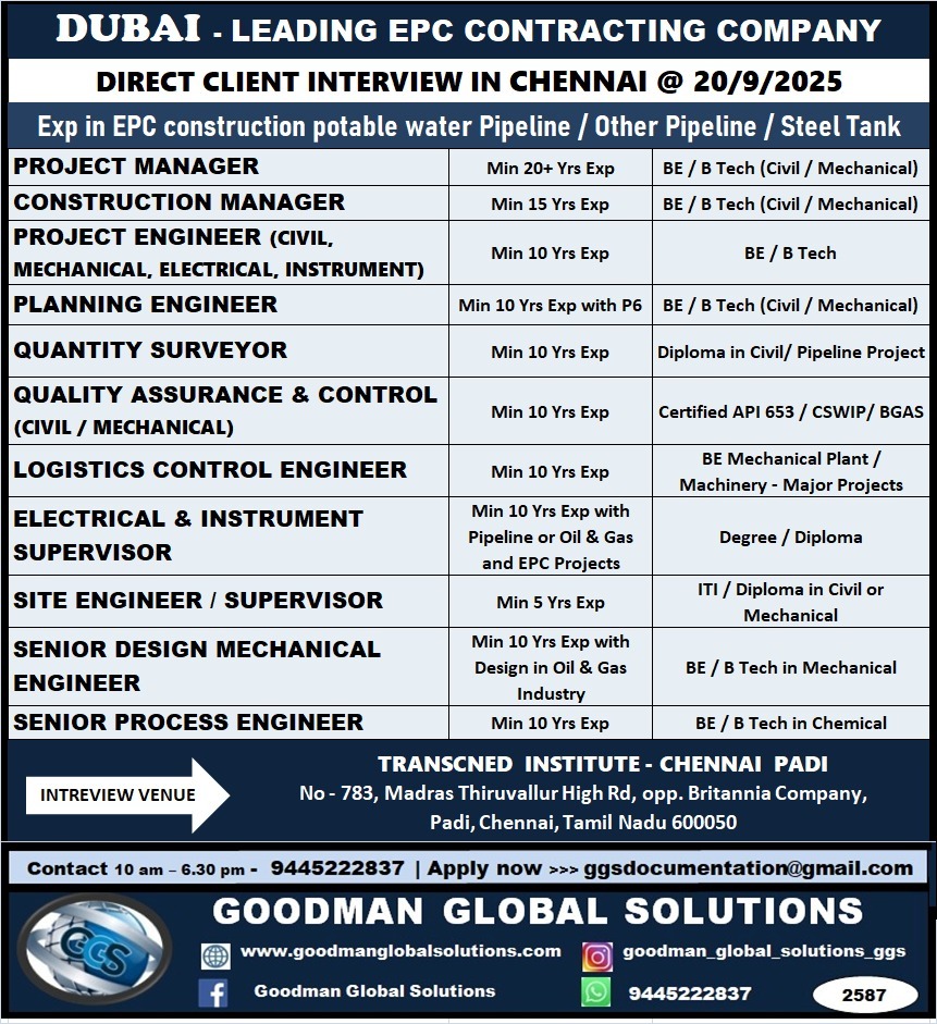 LEADING OIL AND GAS  CONSTRUCTION COMPANY –  UAE  DIRECT CLIENT INTERVIEW IN CHENNAI @22-09-2025