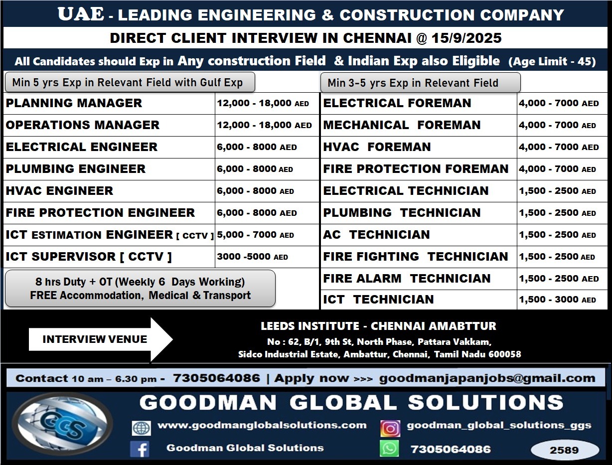 UAE – LEADING ENGINEERING & CONSTRUCTION COMPANY  DIRECT  CLIENT INTERVIEW IN CHENNAI  ON 15-09-2025  ALL CANDIDATES SHOULD EXPERIENCE IN ANY CONSTRUCTION FIELD & INDIAN EXPERIENCE ALSO ELIGIBLE