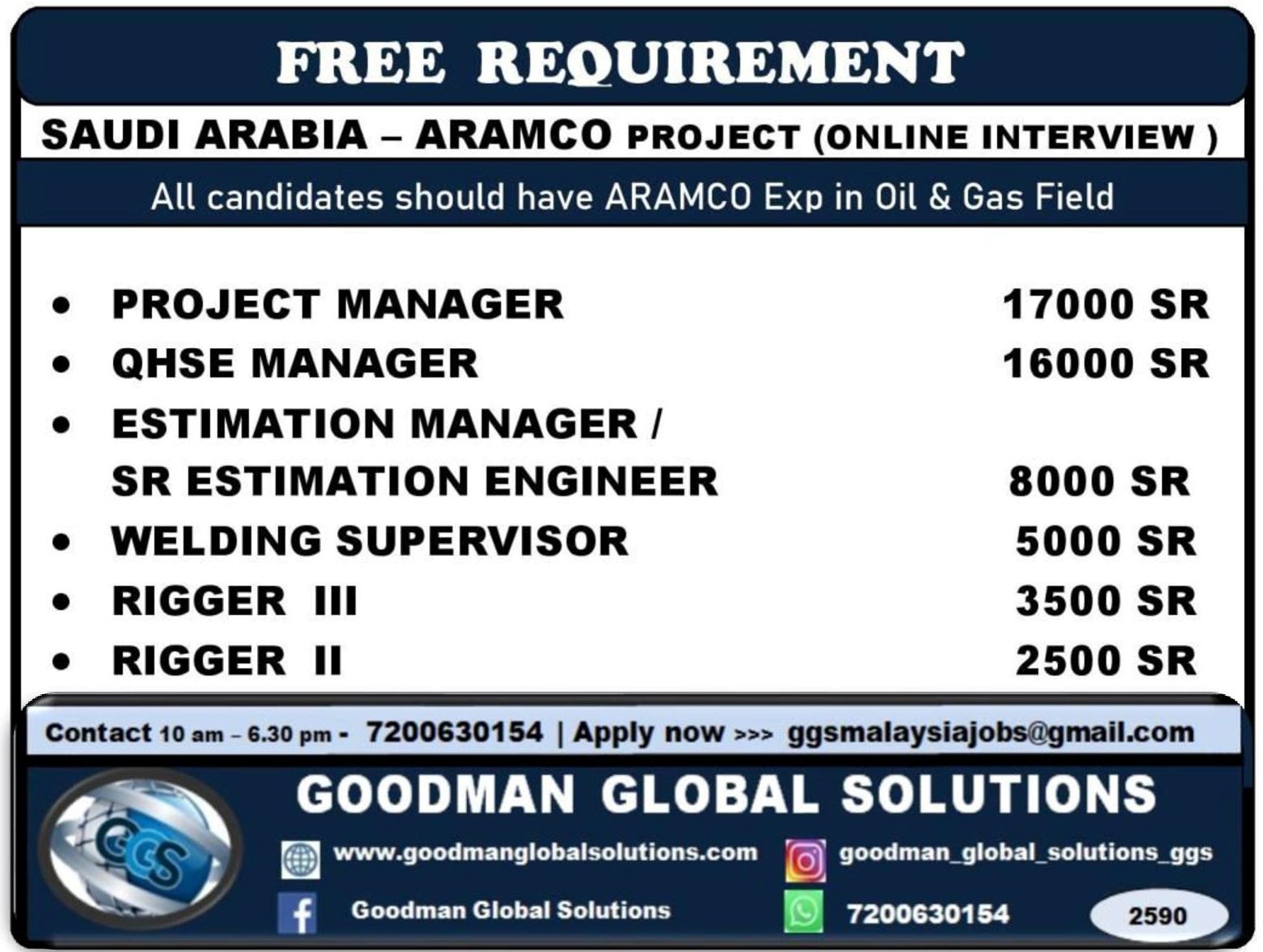 FREE  REQUIREMENT – SAUDI ARABIA   ARAMCO PROJECT – ONLINE INTERVIEW 