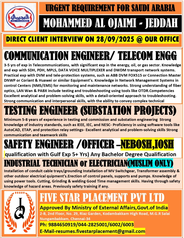 URGENT REQUIREMENT FOR SAUDI ARABIA DIRECT CLIENT INTERVIEW ON 28/09/2025 @ OUR OFFICE