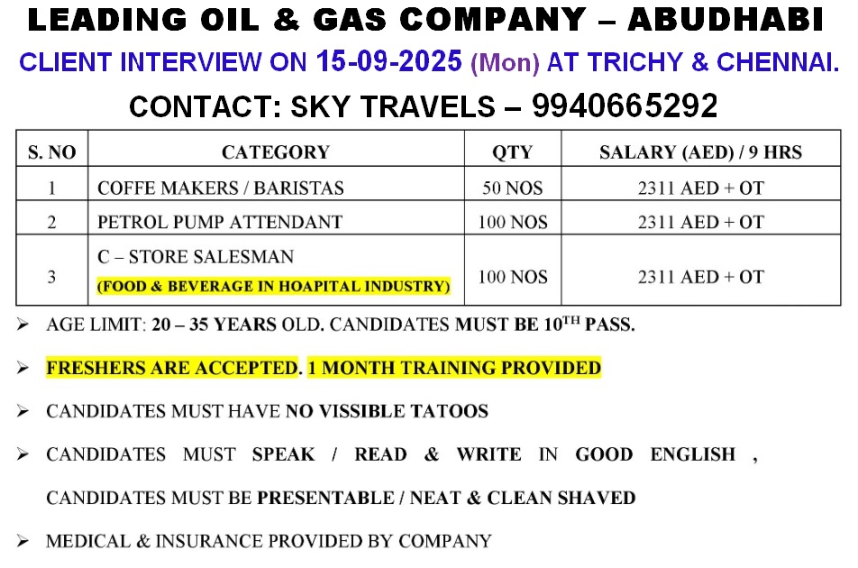 Urgently Required For Leading Company – Abudhabi.