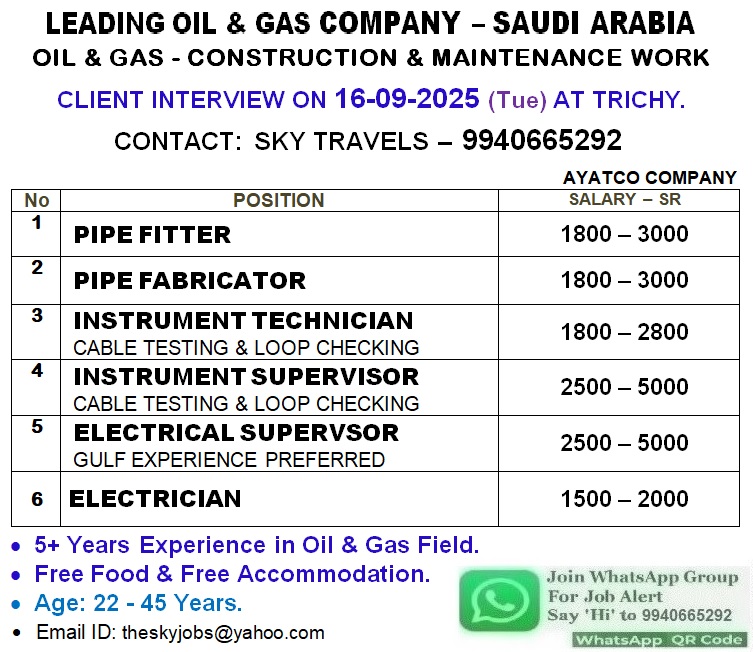 Urgently Required For Saudi Arabia.