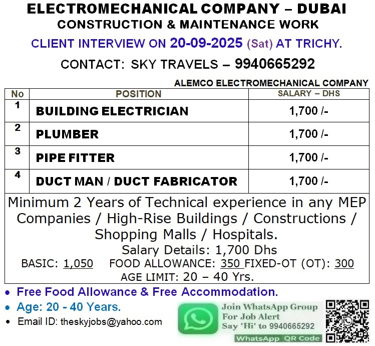 Urgently Required For Leading Company – Dubai.