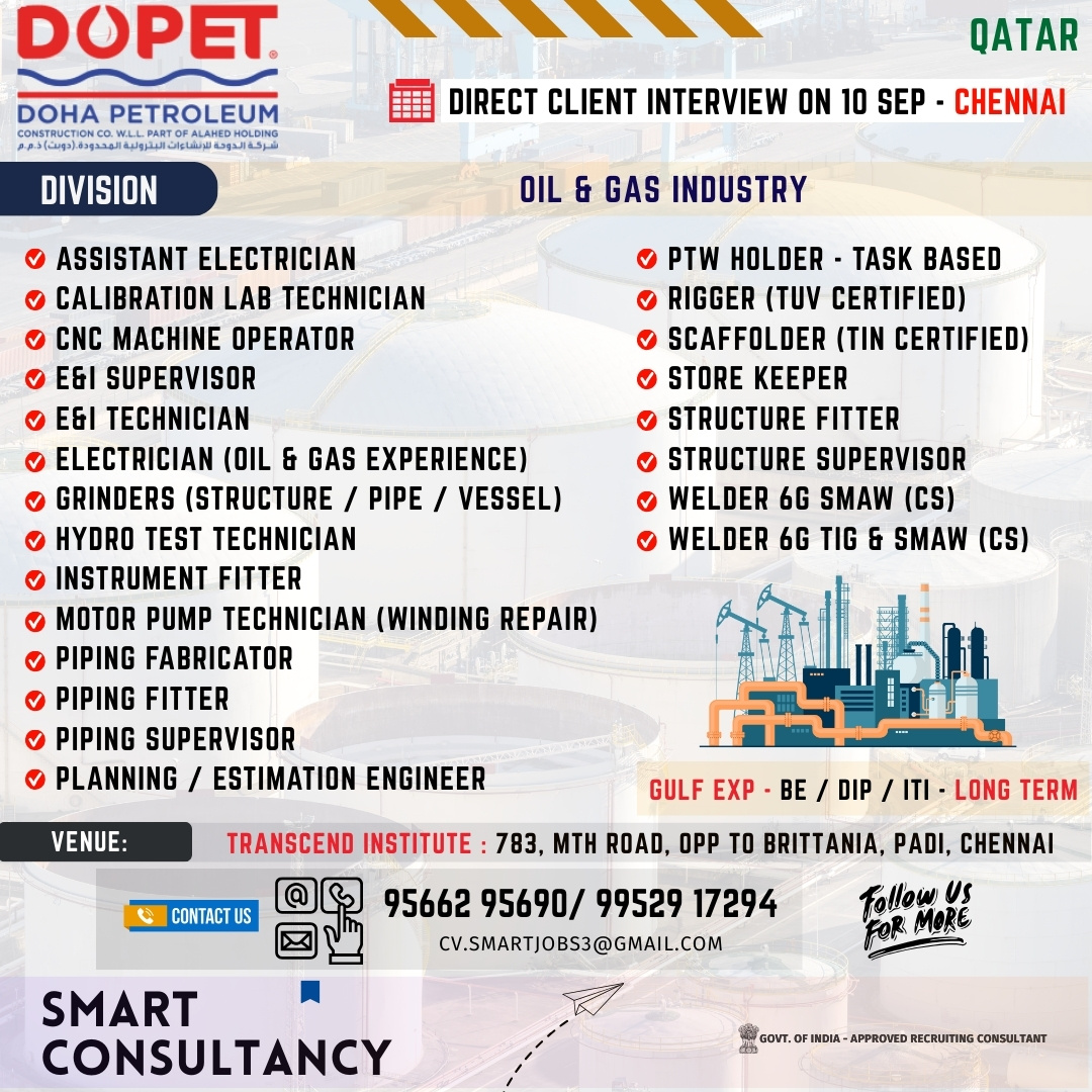 WANTED FOR A LEADING OIL & GAS COMPANY – QATAR | DIRECT CLIENT INTERVIEW ON 10th SEPTEMBER – CHENNAI