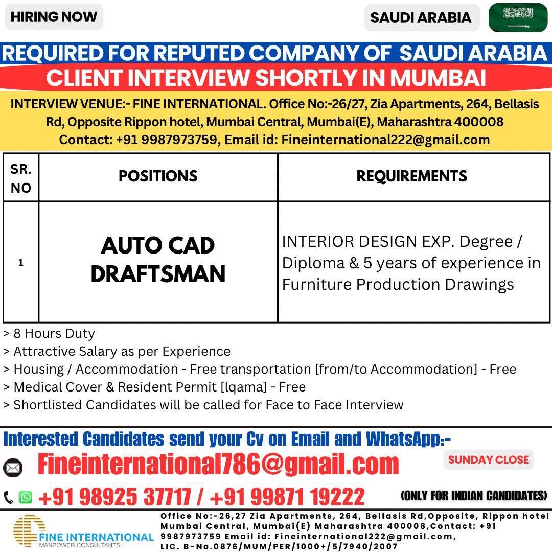 Hiring Auto Cad Draftsman for Reputed Company pf Saudi Arabia