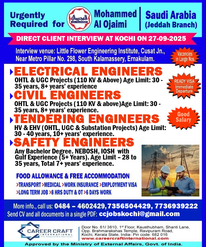 Client Interview at Kochi on 27th September, 2025 for Al Ojaimi, Saudi –