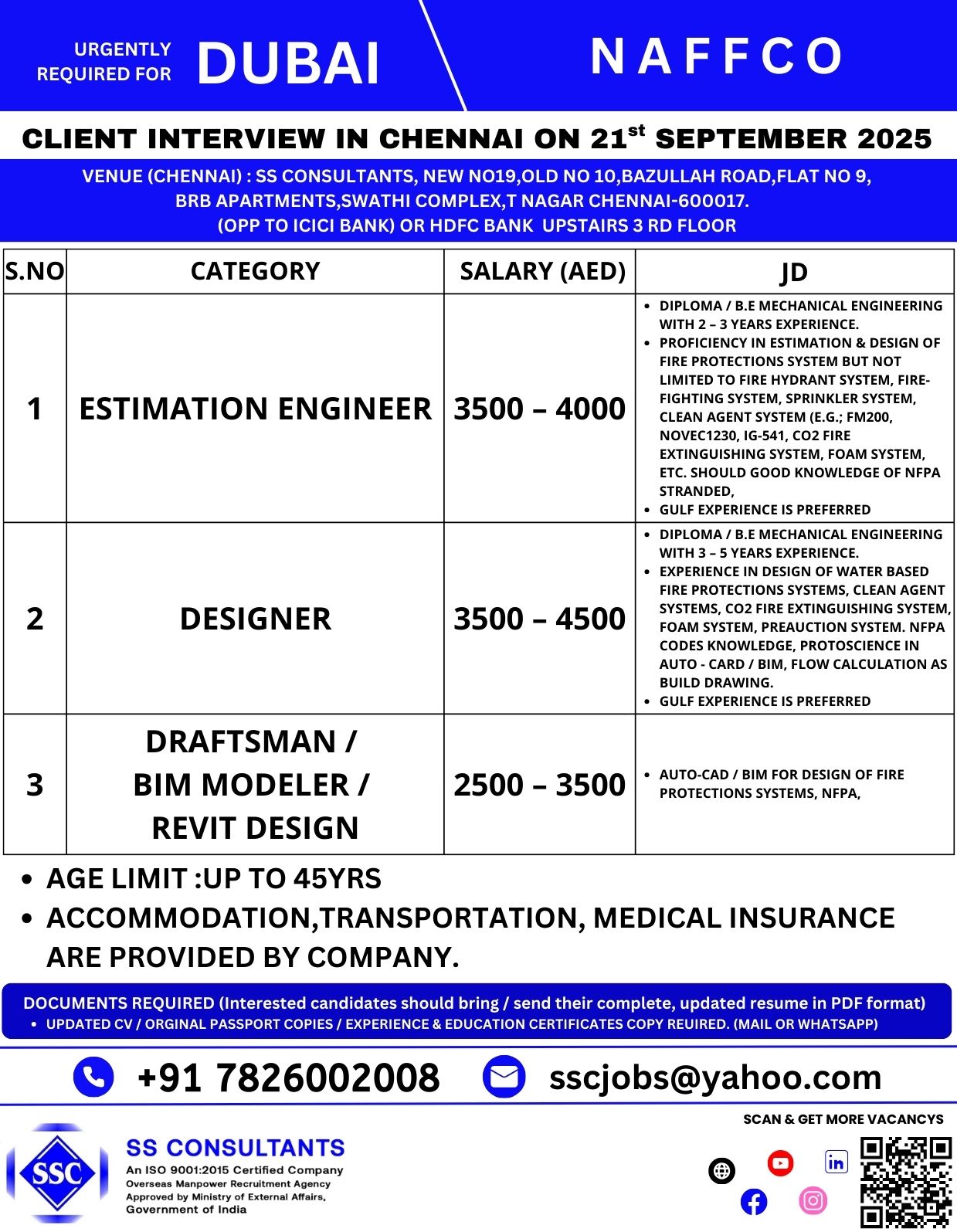 Urgent Hiring for Fire Protection Engineers (Estimation & Design) – Dubai Interview in Chennai | NAFFCO