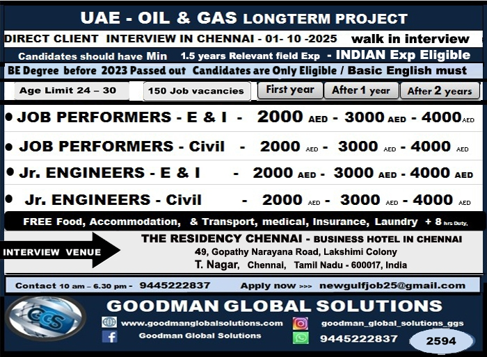  UAE OIL & GAS (LONG TERM PROJECT) Jr. JOB PERFORMER   DIRECT CLIENT INTERVIEW IN CHENNAI 01 – 10 -2025 –  walk in interview – BE Degree  Befor 2023 pass out Candidate  only Eligible / Basic English must