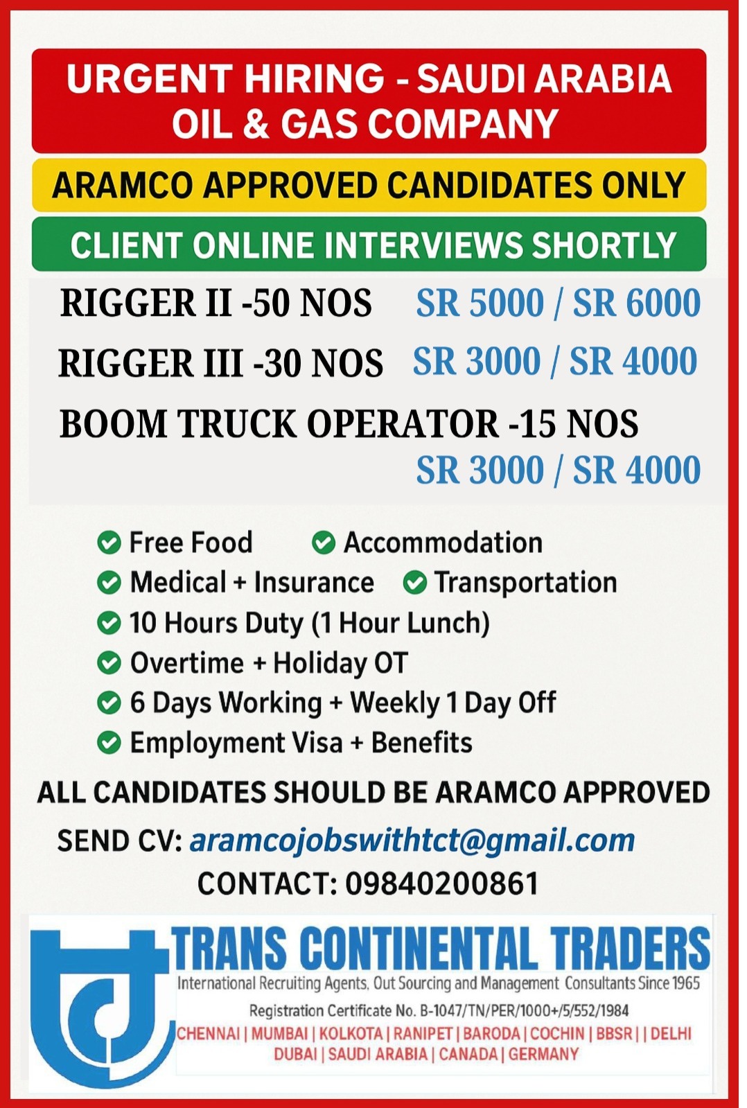 TOP URGENT HIRING FOR ARAMCO APPROVED CANDIDATES