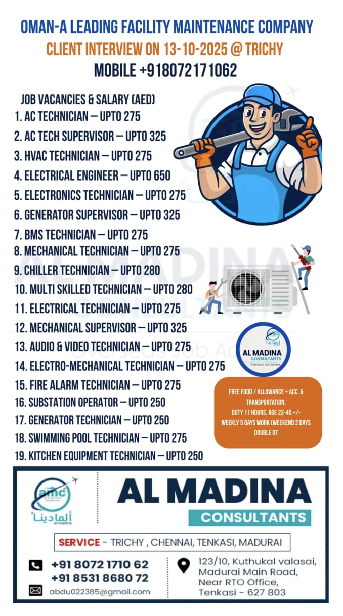 OMAN-A LEADING FACILITY MAINTENANCE COMPANY  CLIENT INTERVIEW ON 13-10-2025 @ TRICHY  MOBILE +918072171062