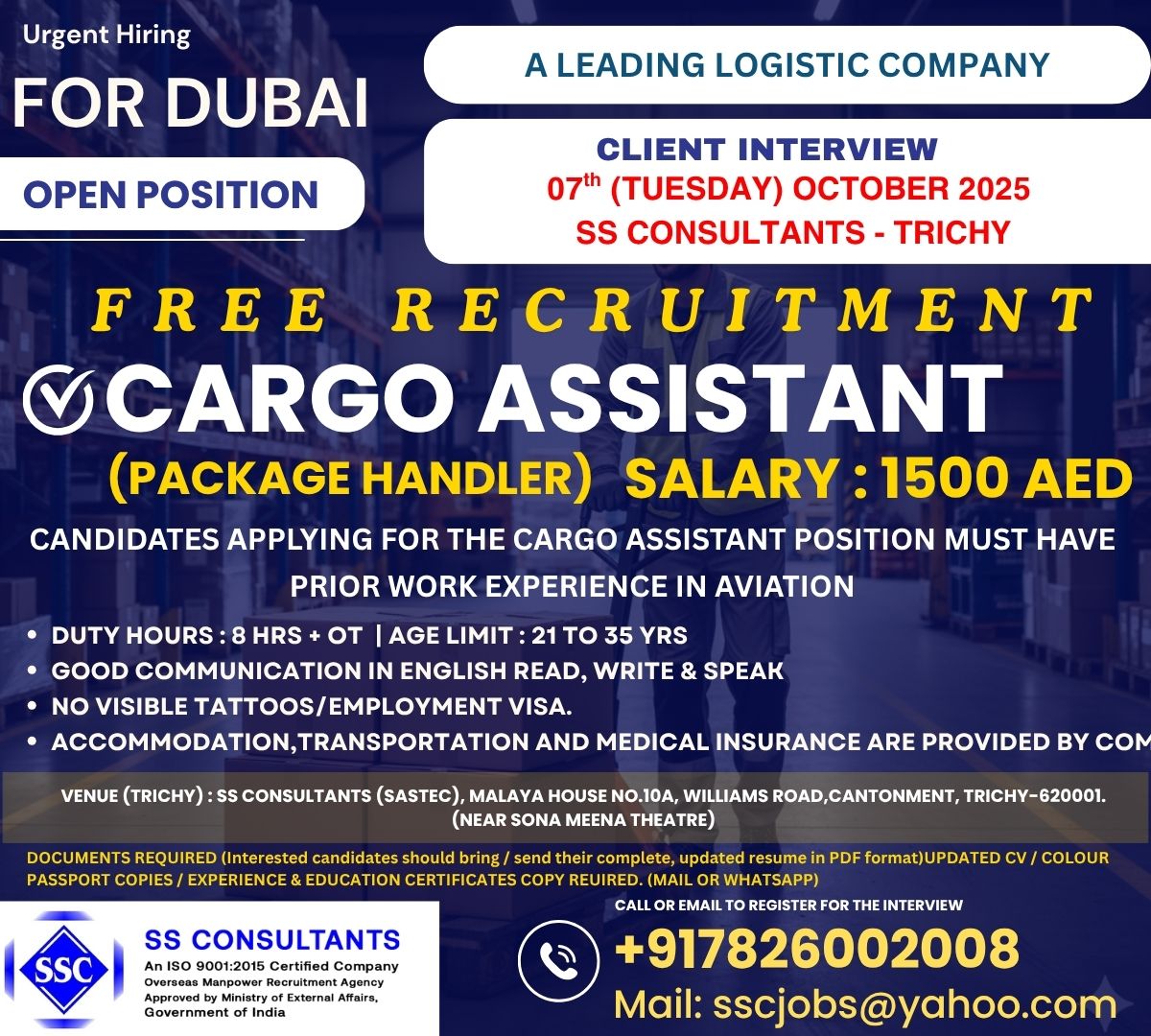Cargo Assistant Jobs in Dubai – 1500 AED Salary, Free Recruitment | SS Consultants