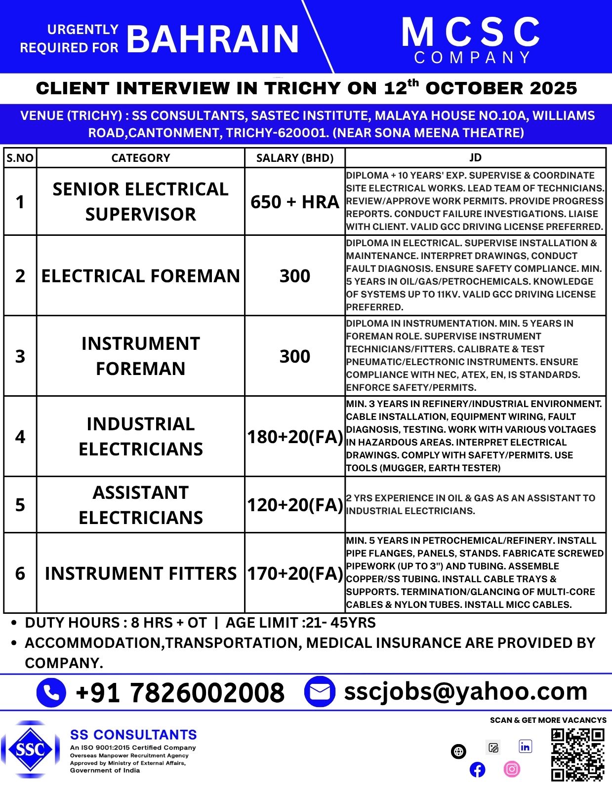 Urgent Bahrain Jobs: Electrical & Instrument Roles – Interview 12 Oct