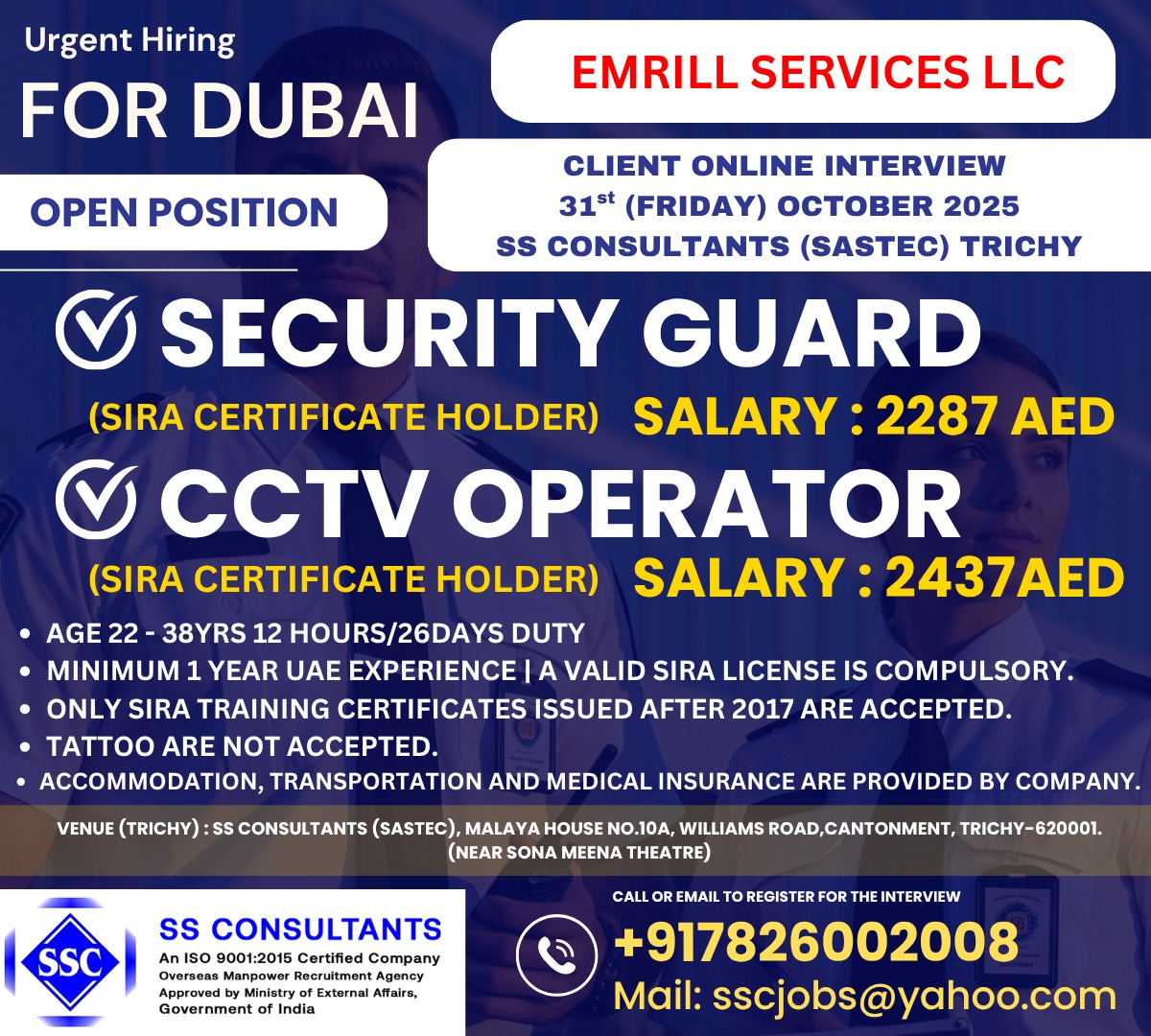 Security Guard & CCTV Operator Jobs in Dubai with Visa & Accommodation