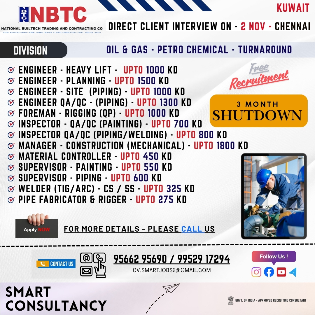 WANTED FOR A LEADING OIL & GAS / PETROCHEMICAL COMPANY | TURN AROUND | (KUWAIT) – DIRECT CLIENT INTERVIEW ON 2nd NOVEMBER – CHENNAI