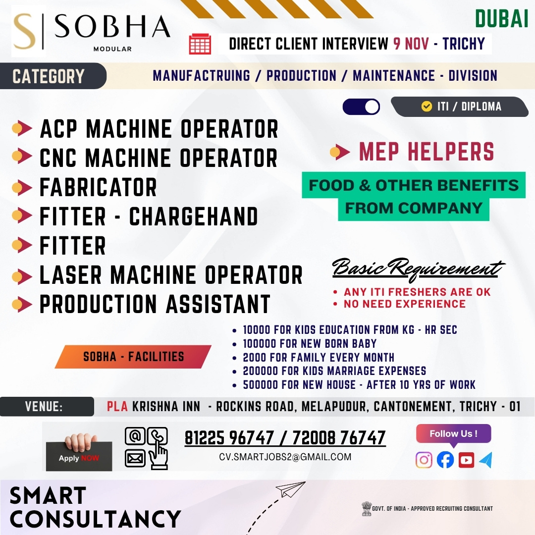 WANTED FOR A LEADING MANUFACTURING COMPANY | (DUBAI) – DIRECT CLIENT INTERVIEW ON 9th NOVEMBER – TRICHY