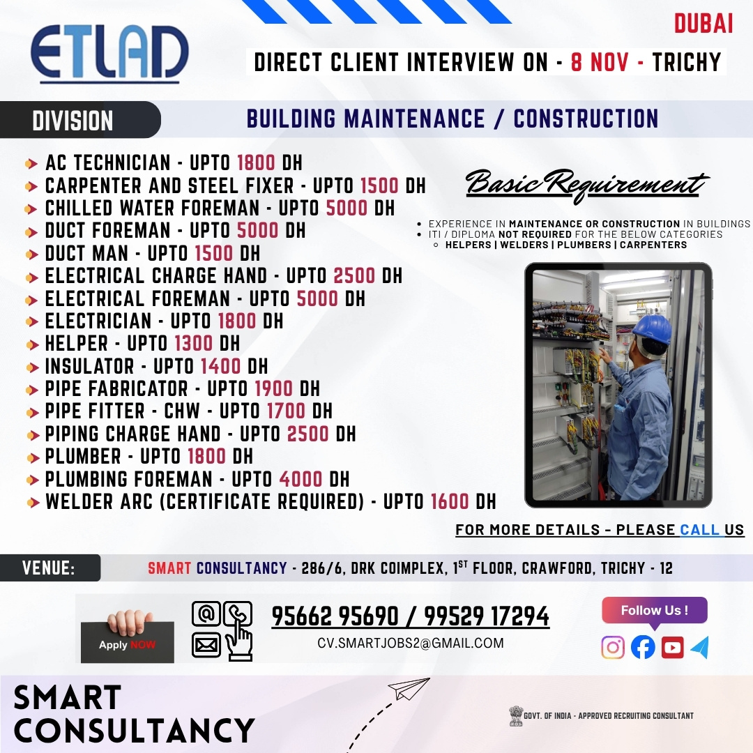 WANTED FOR A LEADING CONTRACTIJNG COMPANY | (DUBAI) – DIRECT CLIENT INTERVIEW ON 8th NOVEMBER – TRICHY