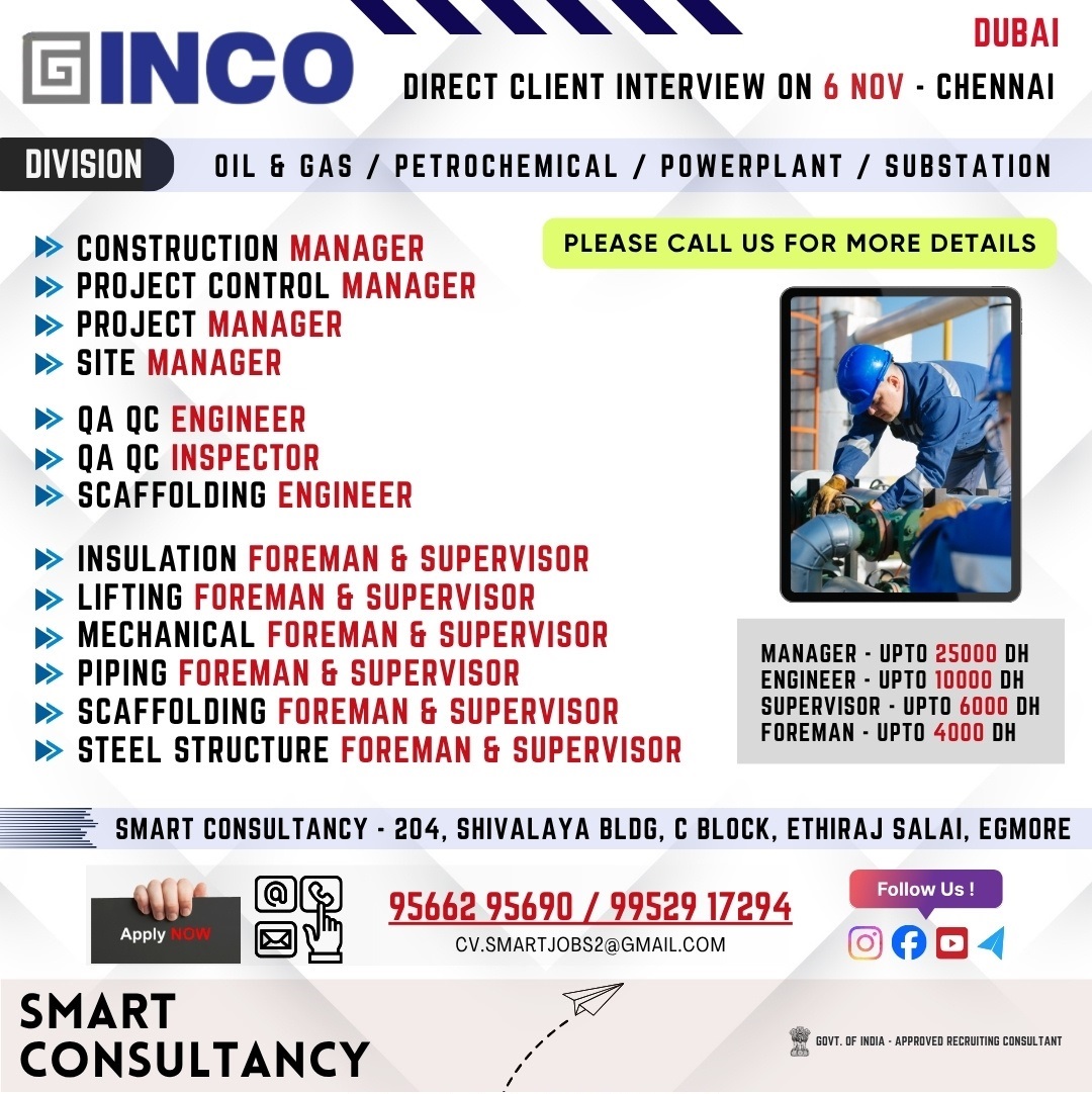 WANTED FOR A LEADING OIL & GAS / PETROCHEMICAL COMPANY / POWERPLANT / SUBSTATION | (DUBAI) – DIRECT CLIENT INTERVIEW ON 6th NOVEMBER – CHENNAI