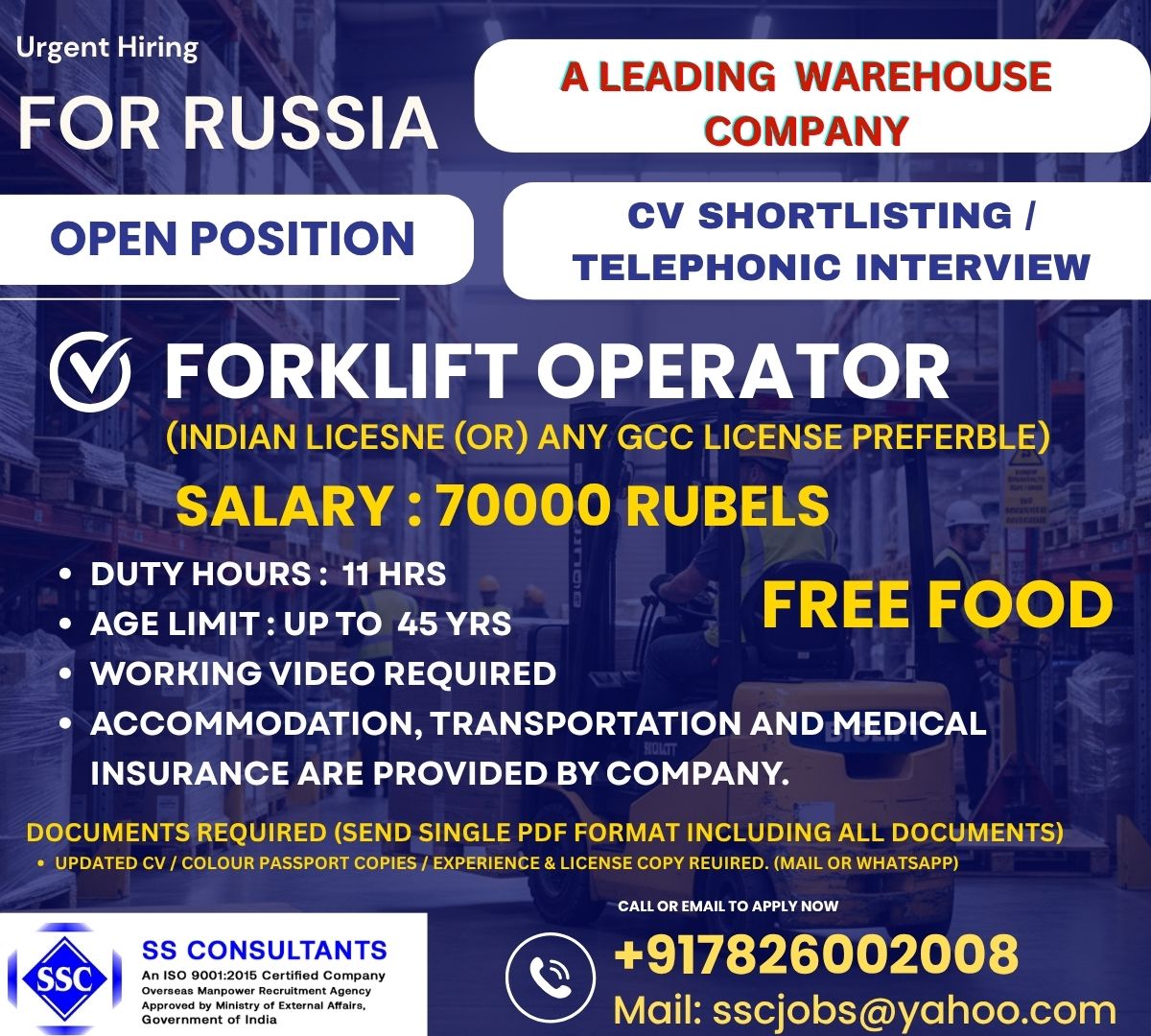 Hiring Forklift Operators for Russia: Visa, Accommodation & Medical