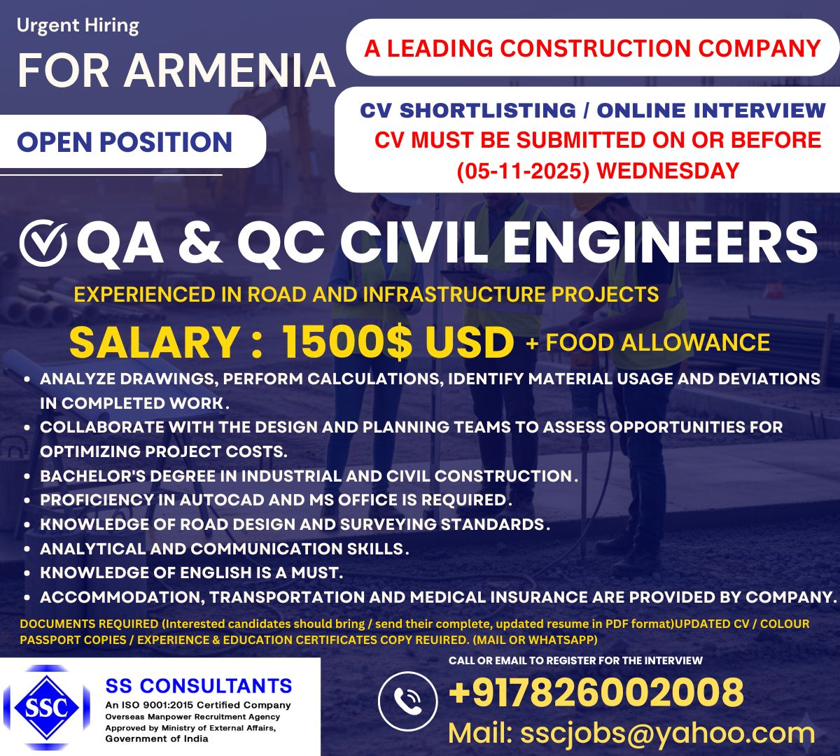 Civil Engineer Job Abroad: QA/QC Role in Armenia with Free Accommodation