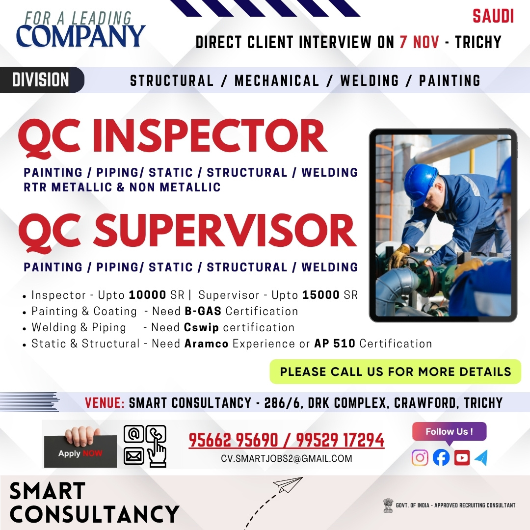 WANTED FOR A LEADING OIL & GAS / PETROCHEMICAL COMPANY | (SAUDI) – DIRECT CLIENT INTERVIEW ON 7th NOVEMBER – TRICHY