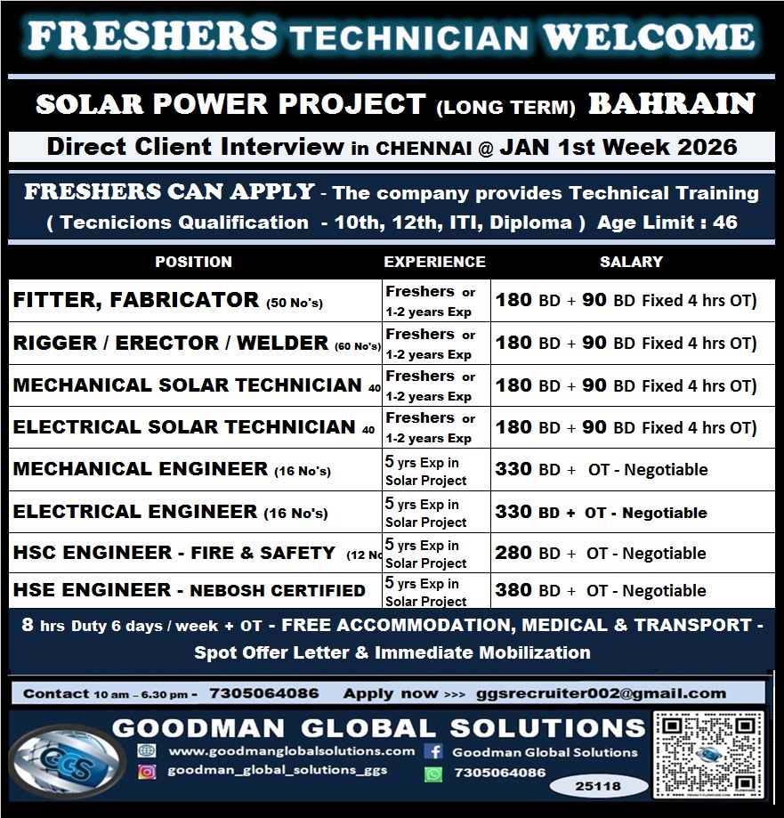 BAHRAIN – SOLAR POWER PROJECT ( LONG TERM ) DIRECT CLIENT INTERVIEW IN CHENNAI – 2nd Week JANUARY 2026 Preferrable Candidate have EXP in Solar Power Project