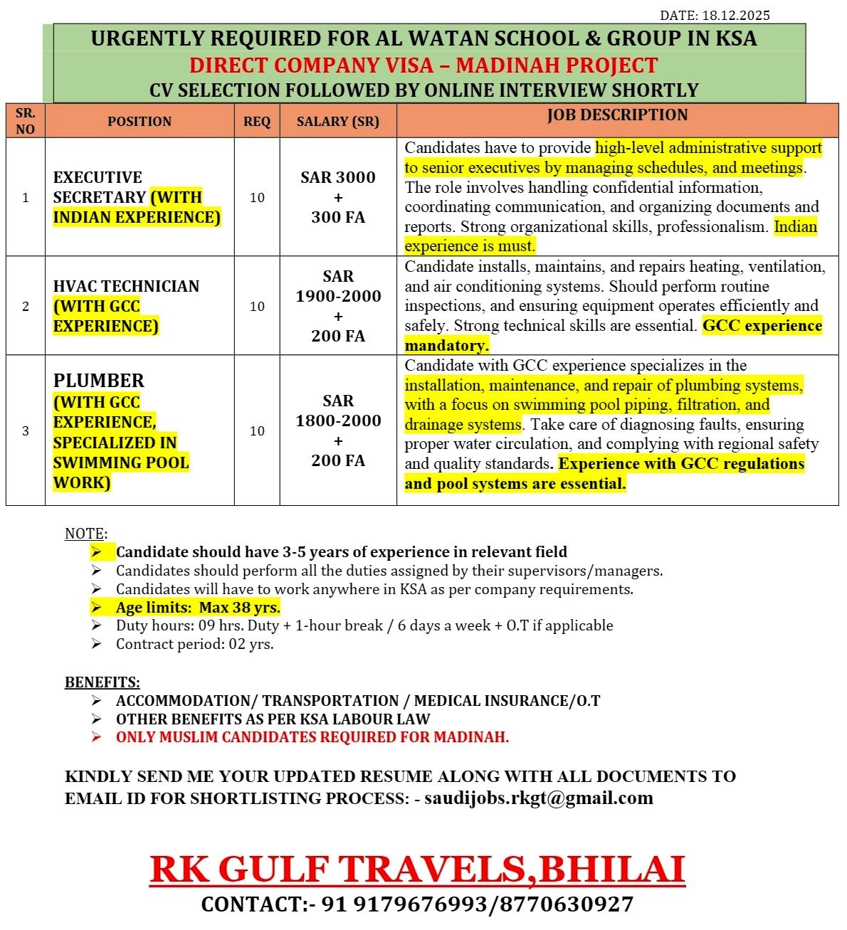 HIRING FOR AL WATAN SCHOOLS & GROUP – MADINAH – KSA.