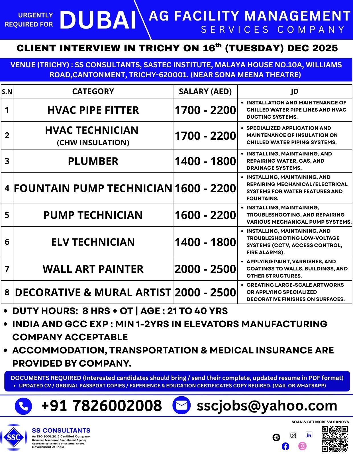 Dubai Facility Management Company Hiring: Interview in Trichy on December 16