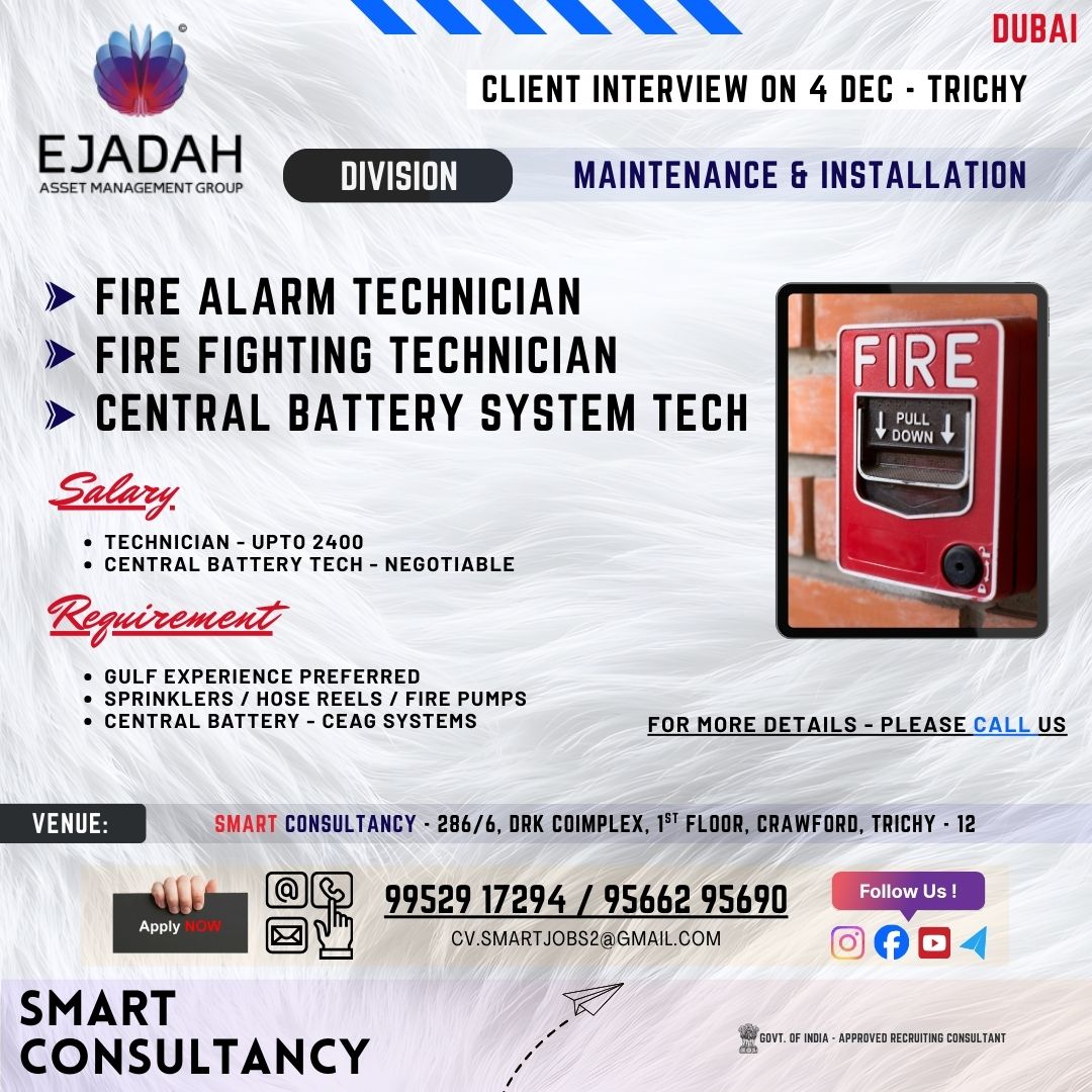 WANTED FOR A LEADING MAINTENANCE & INSTALLATION COMPANY (DUBAI) – ONLINE CLIENT INTERVIEW ON 4th DECEMBER