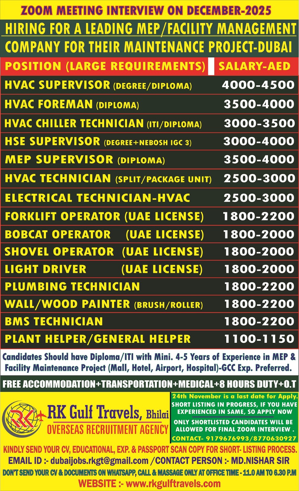 HIRING FOR A LEADING FACILITY MAINTENANCE/MEP CO. – UAE