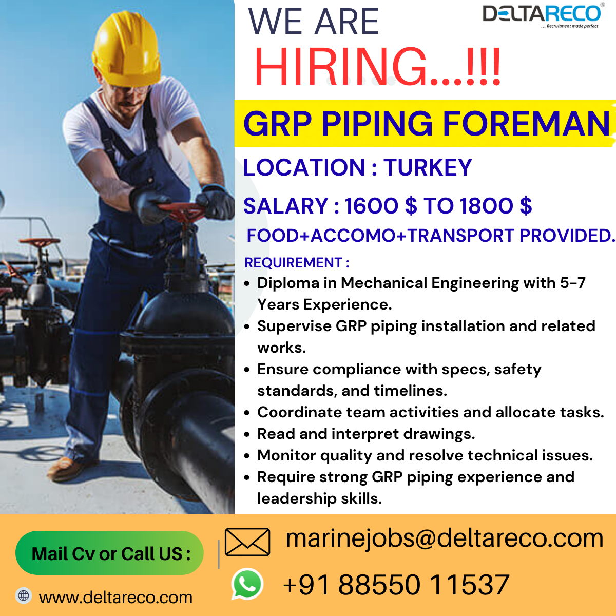 Hiring GRP Piping Foreman for Turkey