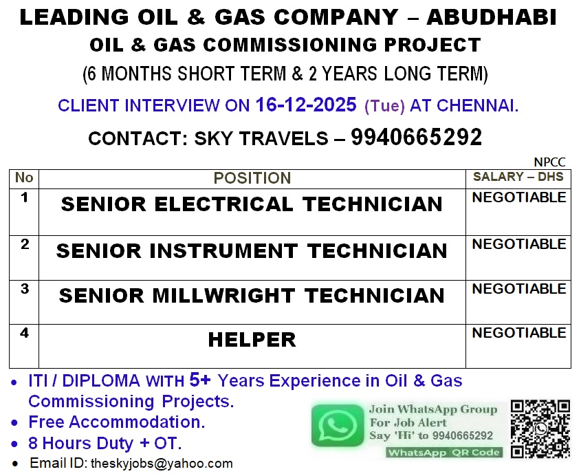 Urgently Required For Leading Company – Abudhabi.
