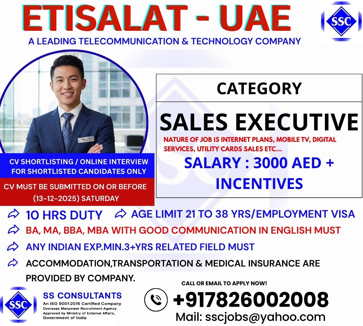 Sales Executive Job in UAE – 3000 AED Salary + Accommodation & Visa – Etisalat