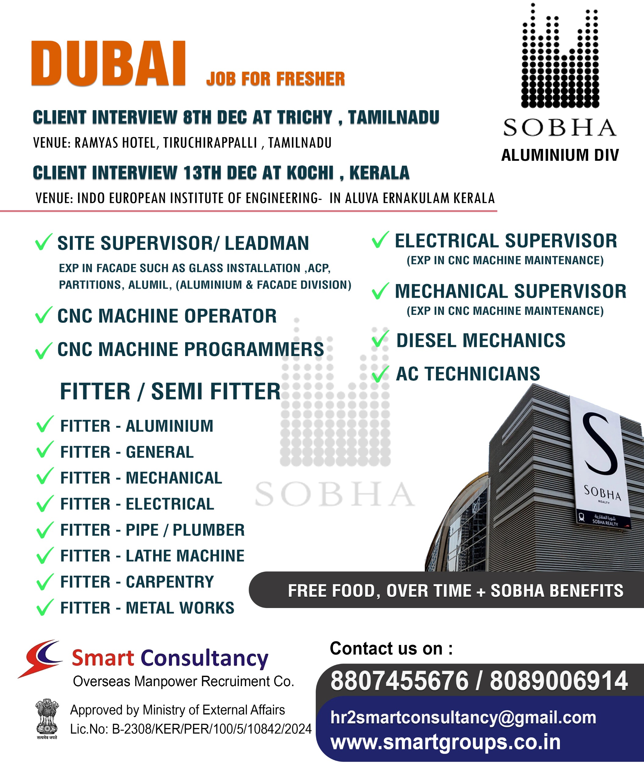 WE ARE HIRING FOR SOBHA -UAE,DIRECT CLIENT INTERVIEW ON 13TH DCE AT COCHIN KERALA