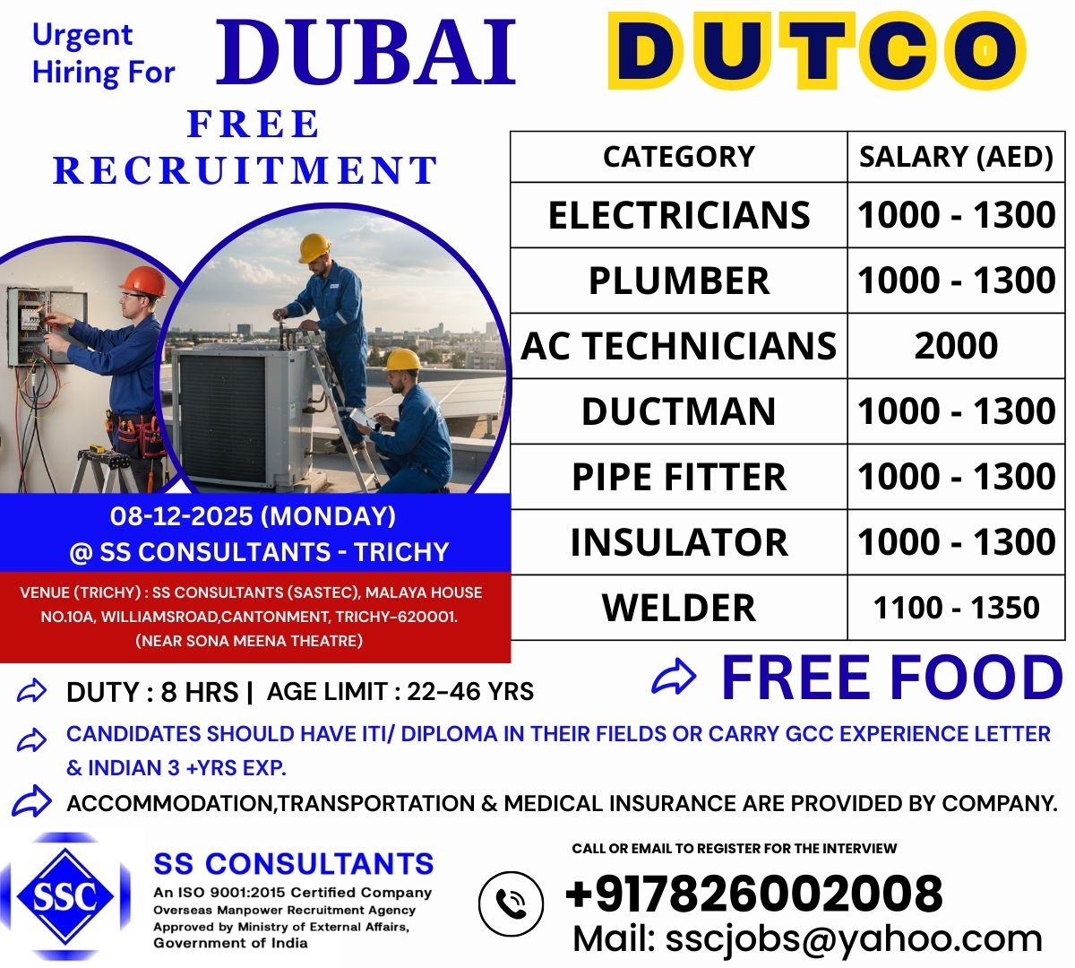 Urgent Hiring for Dubai: Electrician, Plumber, AC Technician Jobs – Free Recruitment – SS Consultants