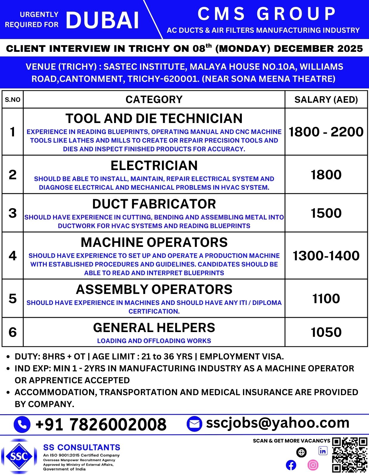 Urgent Hiring in Trichy for CMS Group – Multiple Manufacturing Vacancies – Interview on Dec 08