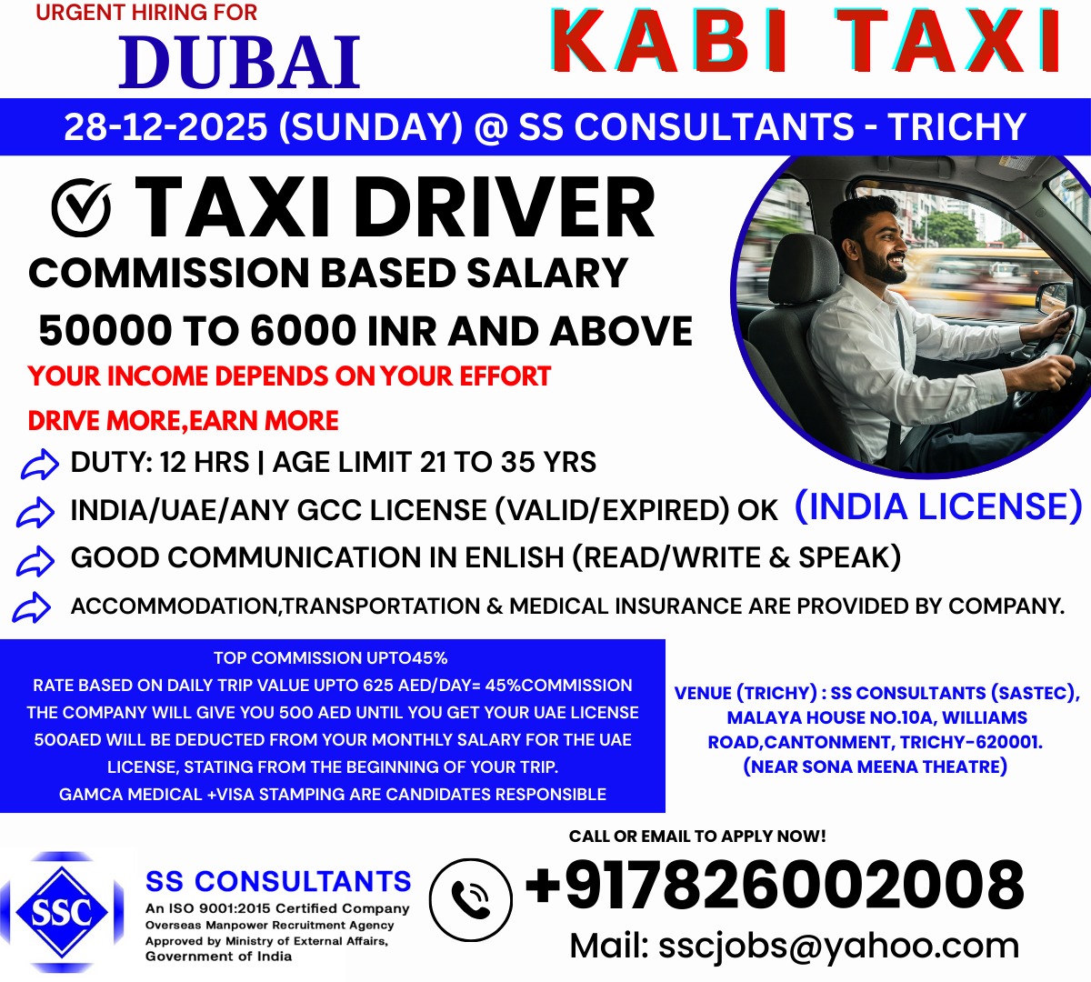 Taxi Driver Jobs in Dubai: Salary ₹50,000+, 12-Hr Duty, Age 21-35 | SS Consultants Trichy