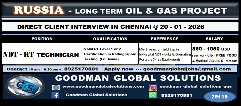 RUSSIA LONG TERM OIL & GAS PROJECT DIRECT CLIENT INTERVIEW IN CHENNAI – 20 /01/2026
