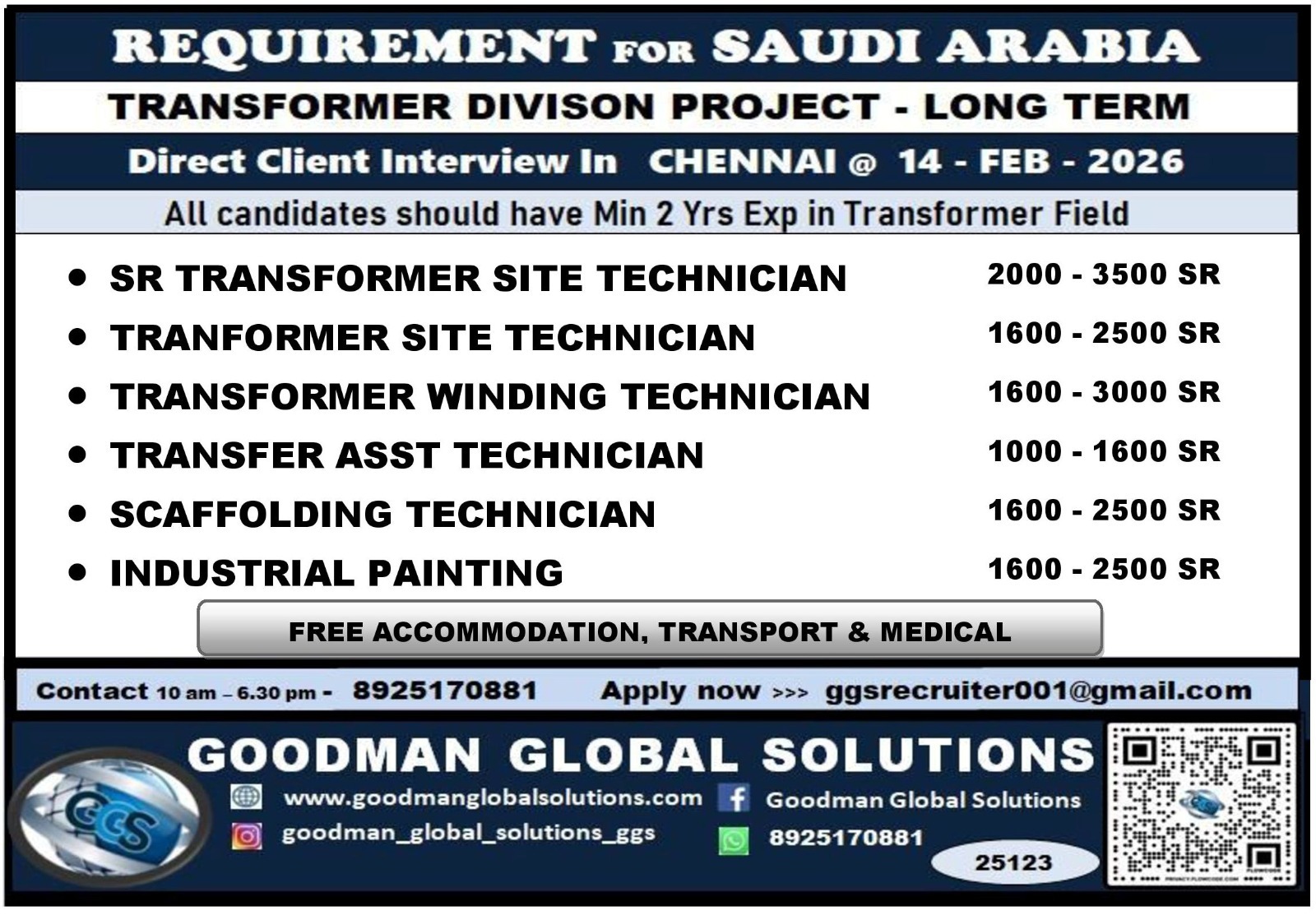 SAUDI ARABIA – TRANSFORMER DIVISION PROJECT ( LONG TERM ) DIRECT CLIENT INTERVIEW IN CHENNAI @14-02-2026